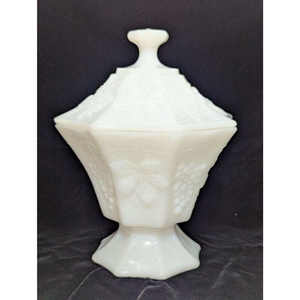 Anchor Hocking Milk Glass Lidded Pedestal Octagon Candy Dish Vase Grape Design